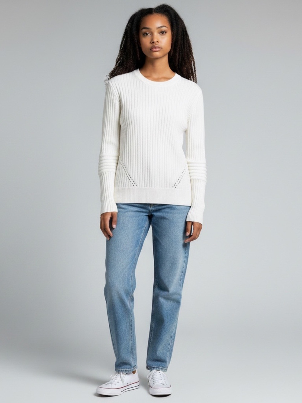 White MANSTED white Ribbed Crewneck Sweater cotton womens medium quiet luxury